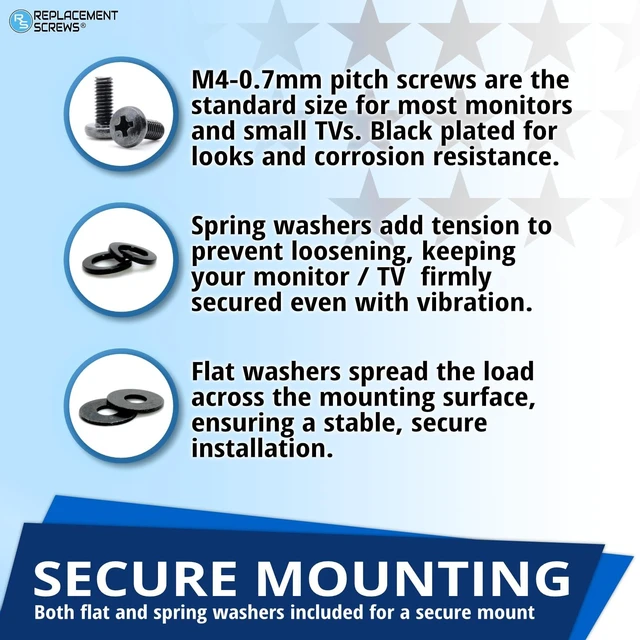 Alt view image 3 of 7 - VESA Compatible M4 10mm TV/Monitor Wall Mount Screws | Fits 75x75mm and 100x100mm Brackets, For Mounting Any TV / Monitor Brand, Metric Screws & Washers