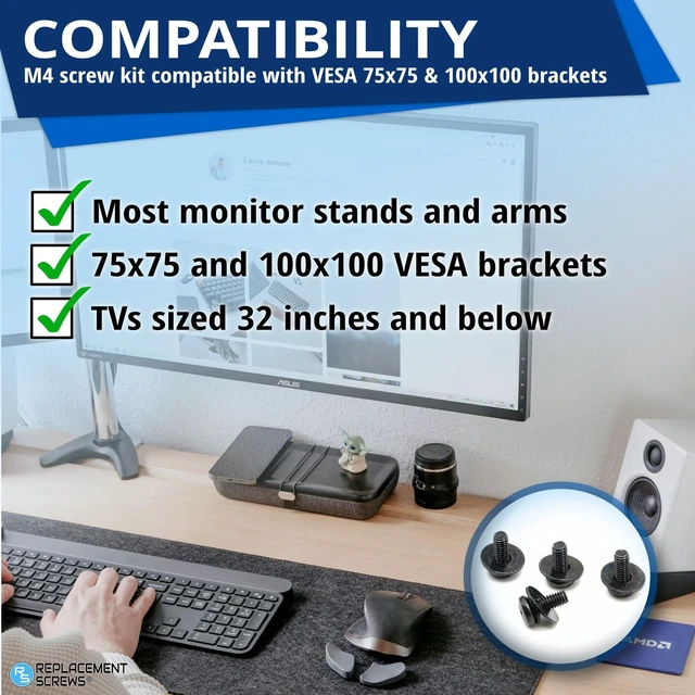 Alt view image 4 of 7 - VESA Compatible M4 10mm TV/Monitor Wall Mount Screws | Fits 75x75mm and 100x100mm Brackets, For Mounting Any TV / Monitor Brand, Metric Screws & Washers