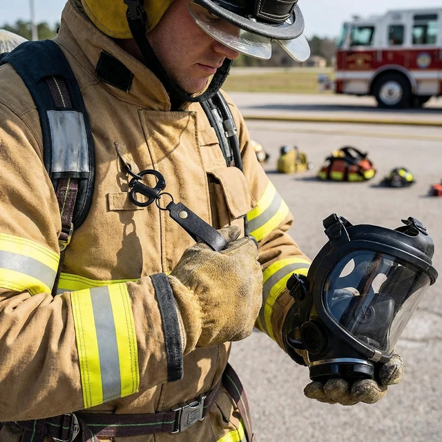 Alt view image 6 of 7 - SCBA Mask Quick Release Shackle, Black, Firefighter Accessory, 2 Pack- Marine Grade 316 Steel Snap Shackle with Leather Handle, Secure for Firefighter Gear