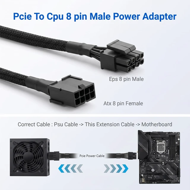 Alt view image 7 of 7 - 8 Pin CPU Power Adapter PCIe 8 Pin Female to CPU 8pin (4+4) Male | 30cm 8 Pin Connector Adapter Converter Sleeved Cable