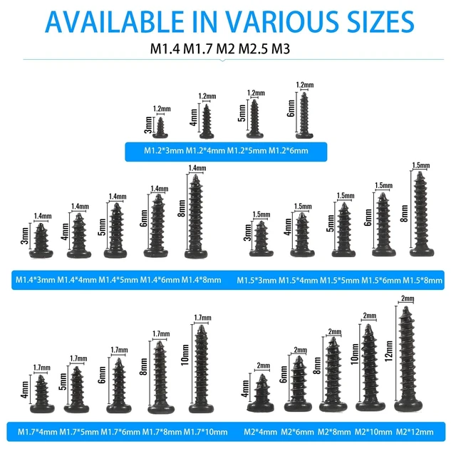 Alt view image 5 of 7 - 10 Kinds Small Multi-Purpose M1 M1.2 M1.4 M1.7 Phillips Head Micro Screws Self-Tapping Electronic Screws Assortment Kit Pack of 1000