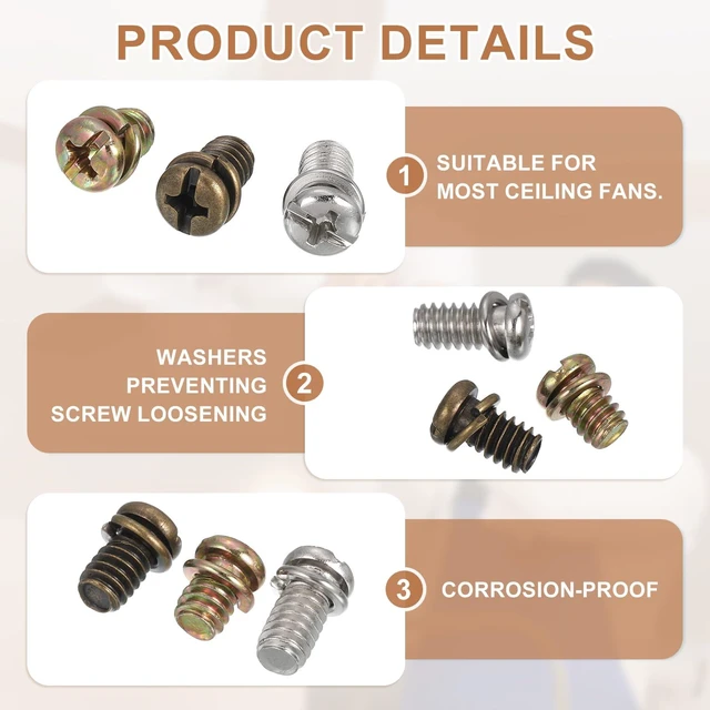 Alt view image 4 of 6 - 20Pcs Ceiling Fan Blade Screws, 1/4"-20 x 3/8 Carbon Steel Phillips Pan Motor Replacement Screw for Lighting Ceiling Fan, Copper