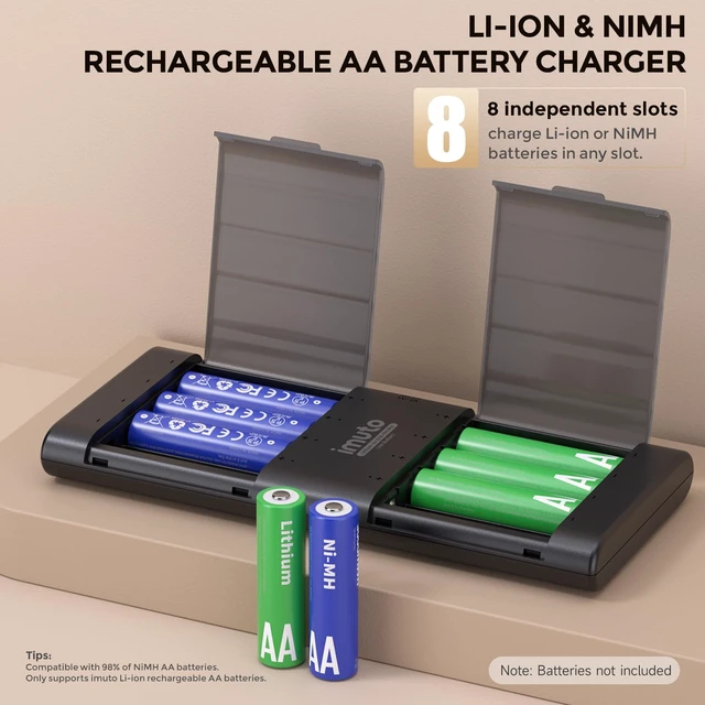 Alt view image 2 of 5 - Rechargeable aa Batteries 8 Slot Li-ion & NiMH Slim Charger | Ultra-slim travel charger, flip-top battery storage, independent charging slots, USB-C power input, home and travel use