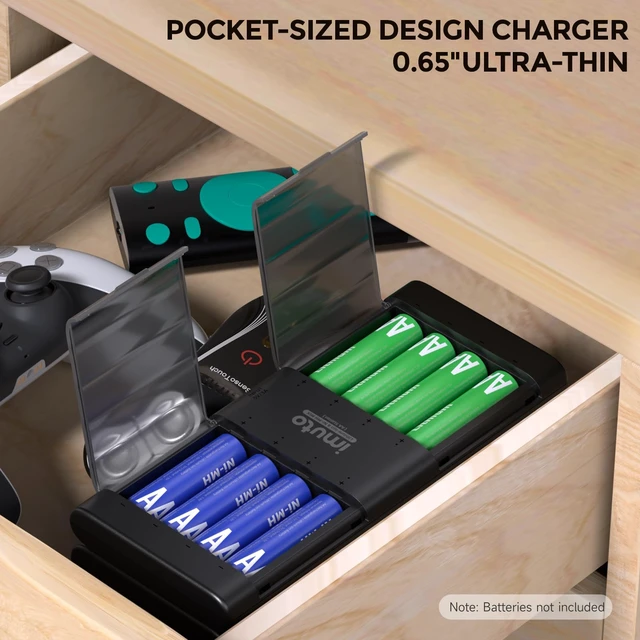 Alt view image 4 of 5 - Rechargeable aa Batteries 8 Slot Li-ion & NiMH Slim Charger | Ultra-slim travel charger, flip-top battery storage, independent charging slots, USB-C power input, home and travel use