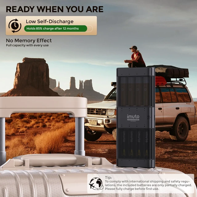 Alt view image 5 of 5 - Rechargeable aa Batteries 8 Slot Li-ion & NiMH Slim Charger | Ultra-slim travel charger, flip-top battery storage, independent charging slots, USB-C power input, home and travel use