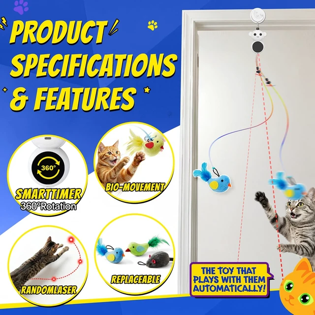 Alt view image 2 of 7 - Cat Toys with Automatic Feather Flying Bird for Bored Adult Cat | toy Doorway Hanging Feather Toy Safe for Indoor Cat & Kitten, Electric Moving Wand Toys for Exercise &Enrichment,Grey