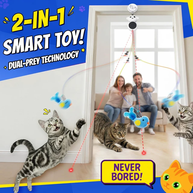 Alt view image 6 of 7 - Cat Toys with Automatic Feather Flying Bird for Bored Adult Cat | toy Doorway Hanging Feather Toy Safe for Indoor Cat & Kitten, Electric Moving Wand Toys for Exercise &Enrichment,Grey