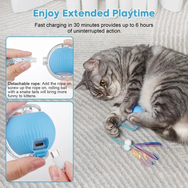 Alt view image 7 of 7 - Interactive Cat Toys for Indoor Cats & Dogs, Agile Moving Cat Ball with Elastic Mesh Tail, Rechargeable Enrichment Toys, Smart Automatic Rolling Pet Ball Toys for Bored Indoor Dogs & Cats (Blue)