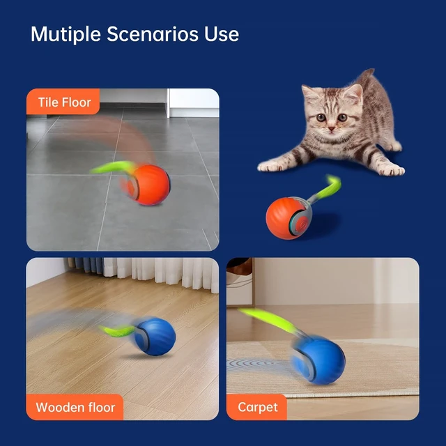 Alt view image 7 of 7 - Interactive Cat Toys for Indoor Cats,Speedy 2.0 Tail | 2 Speeds Interactive Motion Activated Cat Toy Ball for Bored Indoor Cats,Smart Motion Activated Rolling Ball (Orange)