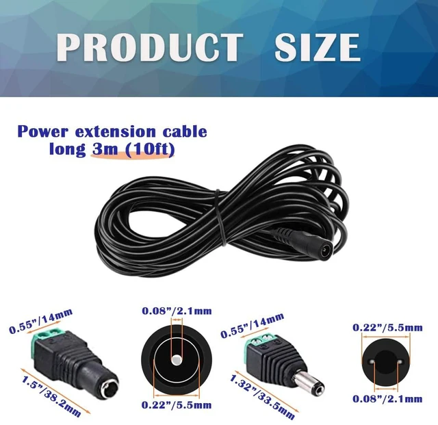 Alt view image 2 of 6 - 2PCS 10FT(3m) 12V DC Power Extension Cable with Power Jack Adapter Connectors(2 x Male + 2 x Female) 5.5mm x 2.1mm DC Power Adapter Extension Cord and Cable Wire Ends Plug HE016
