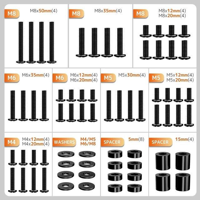 Alt view image 2 of 6 - Universal TV Mounting Hardware Screw Kit, M4-M8 Screws for VESA Mounts | Black Screws, Complete set includes bolts, washers and spacers, Fits Most TVs/Monitors up to 80 inches,Organized Storage Case