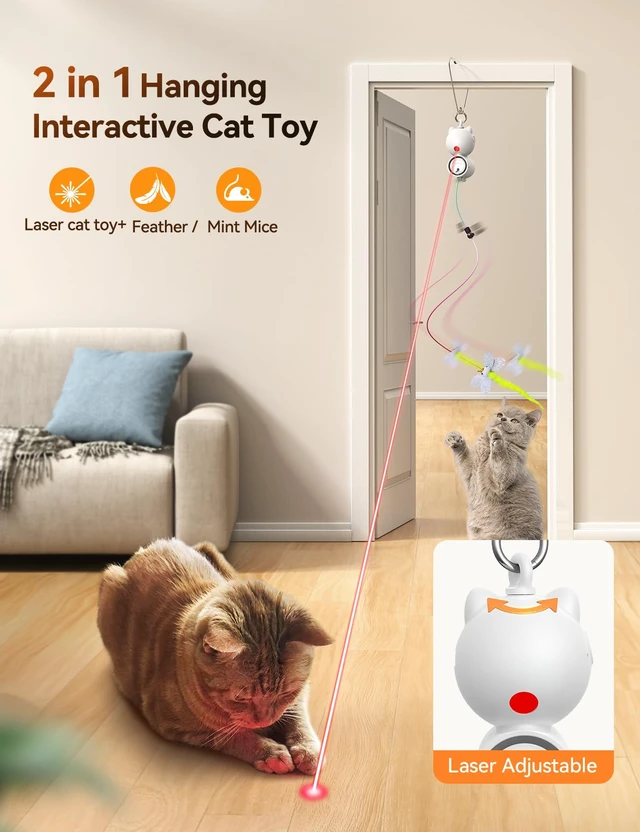Alt view image 2 of 7 - Interactive Cat Toys, LED Light, 8 PCS Replacement Teaser with Bell Refills, Feather & Mouse Cats Toy, Hanging Cat Toys for Indoor Cats, for Bored Adult Kitten Exercise, Silver