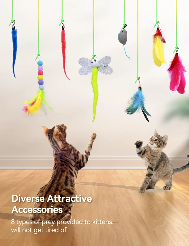 Alt view image 3 of 7 - Interactive Cat Toys, LED Light, 8 PCS Replacement Teaser with Bell Refills, Feather & Mouse Cats Toy, Hanging Cat Toys for Indoor Cats, for Bored Adult Kitten Exercise, Silver
