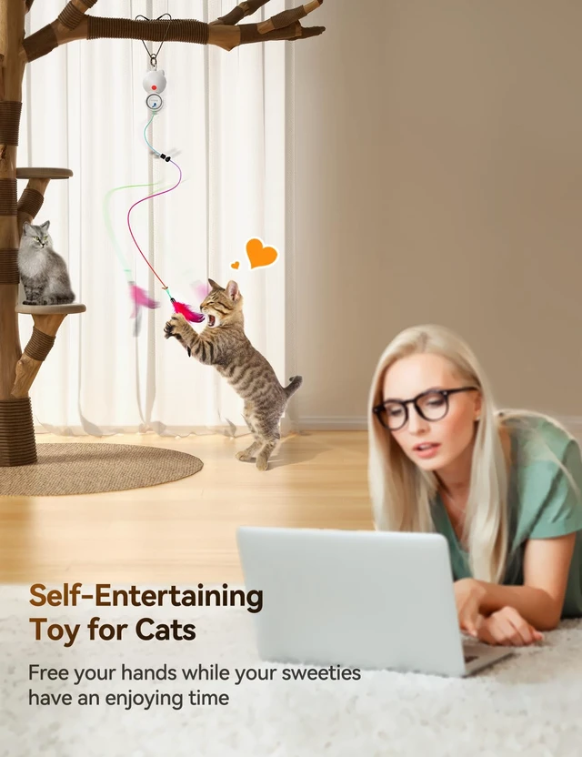 Alt view image 5 of 7 - Interactive Cat Toys, LED Light, 8 PCS Replacement Teaser with Bell Refills, Feather & Mouse Cats Toy, Hanging Cat Toys for Indoor Cats, for Bored Adult Kitten Exercise, Silver