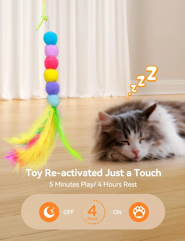 Alt view image 6 of 7 - Interactive Cat Toys, LED Light, 8 PCS Replacement Teaser with Bell Refills, Feather & Mouse Cats Toy, Hanging Cat Toys for Indoor Cats, for Bored Adult Kitten Exercise, Silver