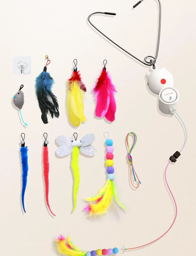 Alt view image 7 of 7 - Interactive Cat Toys, LED Light, 8 PCS Replacement Teaser with Bell Refills, Feather & Mouse Cats Toy, Hanging Cat Toys for Indoor Cats, for Bored Adult Kitten Exercise, Silver