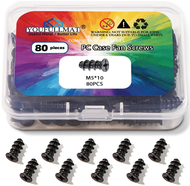 Main image of PC Case Fan Screws for 70mm to 140mm Cooling Fans Mounting | M5 x 10mm Short Computer Fan Screws, Black Chassis Fan Screws (80 Pack)