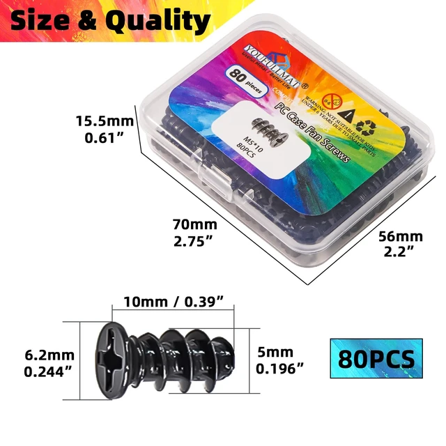 Alt view image 3 of 6 - PC Case Fan Screws for 70mm to 140mm Cooling Fans Mounting | M5 x 10mm Short Computer Fan Screws, Black Chassis Fan Screws (80 Pack)
