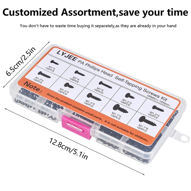 Alt view image 6 of 6 - Small Screws Assortment Kit, 1000pcs Miniature Phillips Replacement Screws for Glasses Watch Clock, 10 Kinds M1 M1.2 M1.4 M1.7 Phillips Head Self-Tapping Screws
