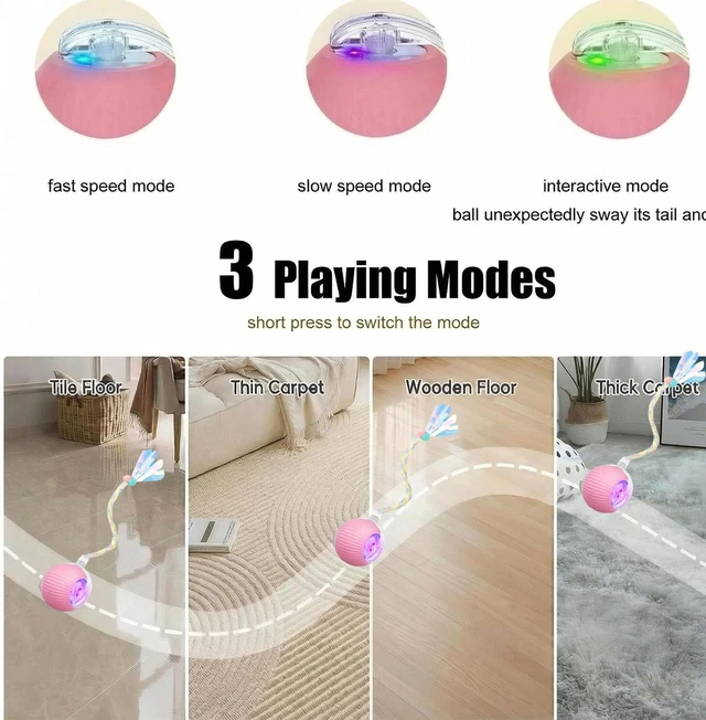 Alt view image 5 of 6 - Interactive Dog Cat Toy Ball, Upgraded Rechargable Rolling Pet Ball with 2 Tails, Smart Automatic Moving Toy for Bored Indoor Kitty Puppy -Pink