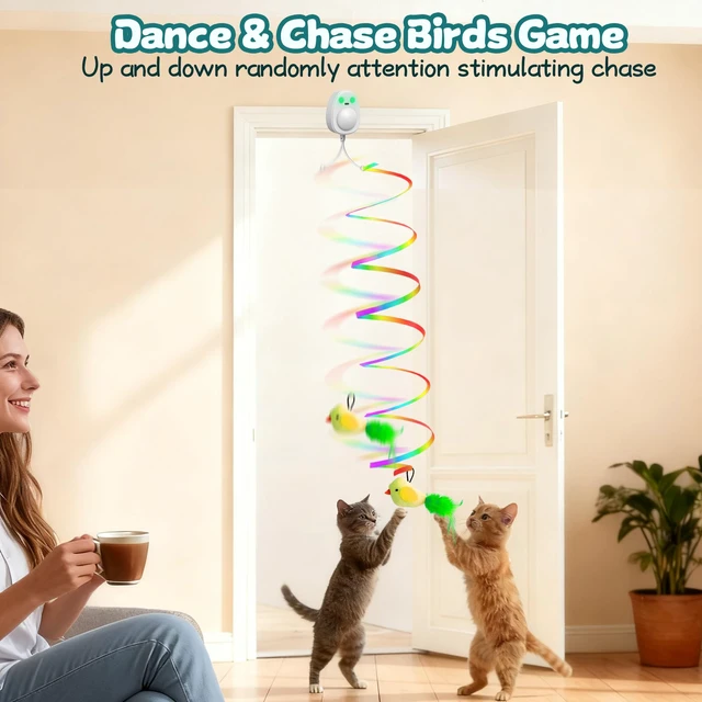 Alt view image 4 of 7 - Interactive Cat Toys for Indoor Cats,Electric Flying Bird & Mouse Wand Teaser, Automatic Hanging Door Frame Chase/Hunt/Exercise Stimulate String Cat Toy for Bored Indoor Adult & Kitten