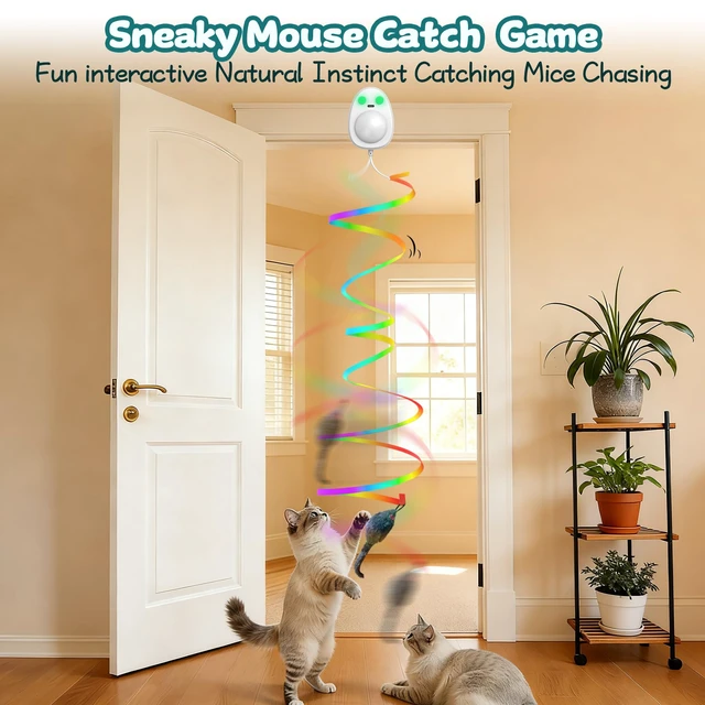 Alt view image 3 of 7 - Interactive Cat Toys for Indoor Cats,Electric Flying Bird & Mouse Wand Teaser, Automatic Hanging Door Frame Chase/Hunt/Exercise Stimulate String Cat Toy for Bored Indoor Adult & Kitten