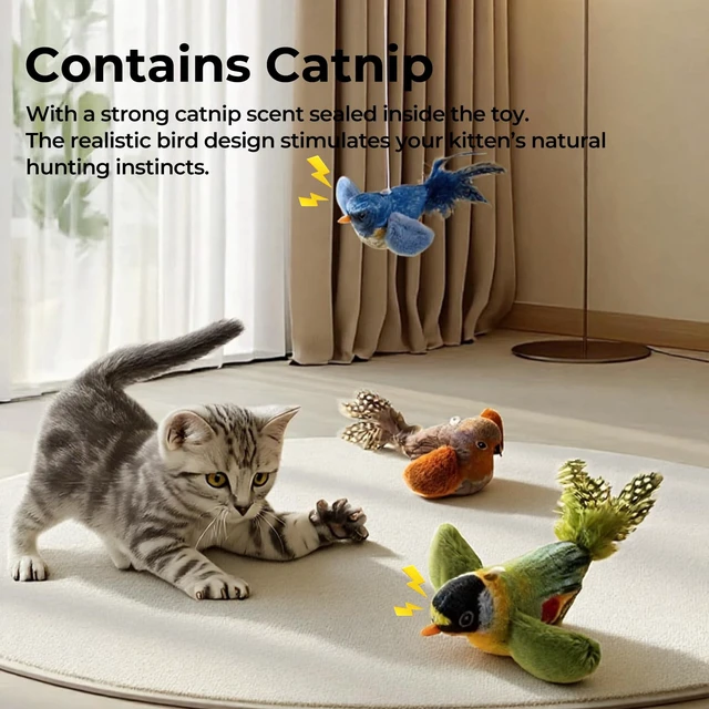 Alt view image 2 of 7 - 2-pack catnip cat toys that stimulate indoor cats' natural hunting instincts,Interactive plush bird toy with realistic chirping sounds to tease your cat (Green artificial bird + blue artificial bird)