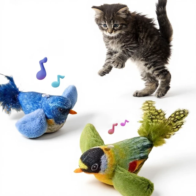 Main image of 2-pack catnip cat toys that stimulate indoor cats' natural hunting instincts,Interactive plush bird toy with realistic chirping sounds to tease your cat (Green artificial bird + blue artificial bird)