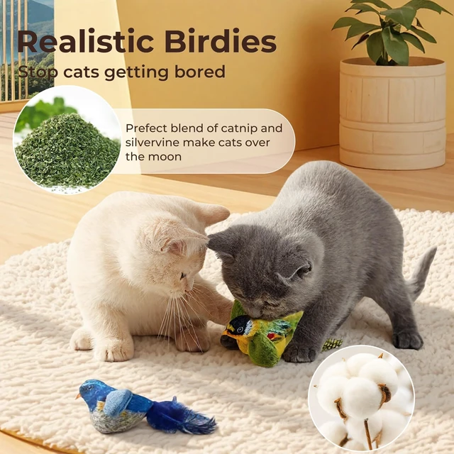 Alt view image 3 of 7 - 2-pack catnip cat toys that stimulate indoor cats' natural hunting instincts,Interactive plush bird toy with realistic chirping sounds to tease your cat (Green artificial bird + blue artificial bird)