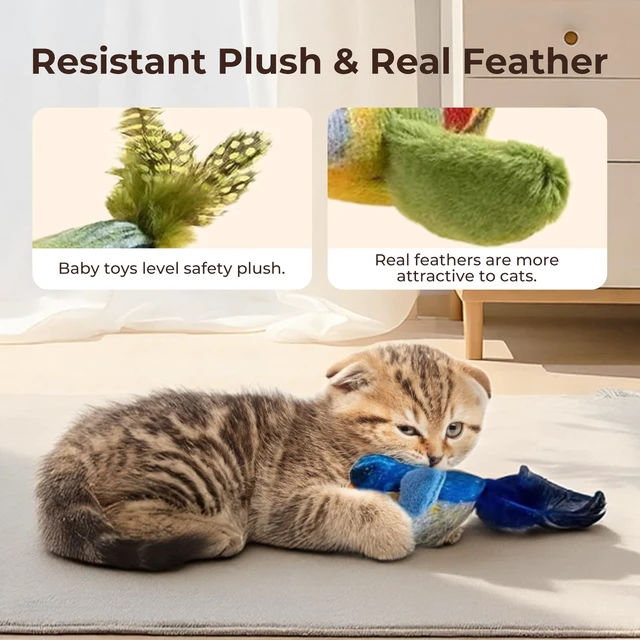 Alt view image 5 of 7 - 2-pack catnip cat toys that stimulate indoor cats' natural hunting instincts,Interactive plush bird toy with realistic chirping sounds to tease your cat (Green artificial bird + blue artificial bird)