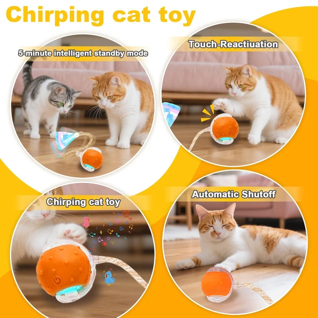Alt view image 3 of 6 - Interactive Cat Toy Ball, Red1, Indoor Cats | Automatic, Elastic Mesh Tail, Rechargeable Rolling, Cat Enrichment