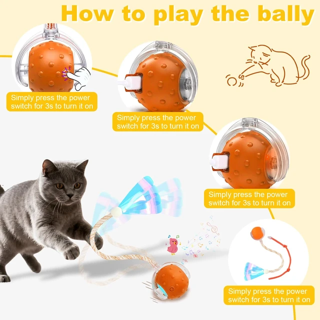 Alt view image 6 of 6 - Interactive Cat Toy Ball, Red1, Indoor Cats | Automatic, Elastic Mesh Tail, Rechargeable Rolling, Cat Enrichment