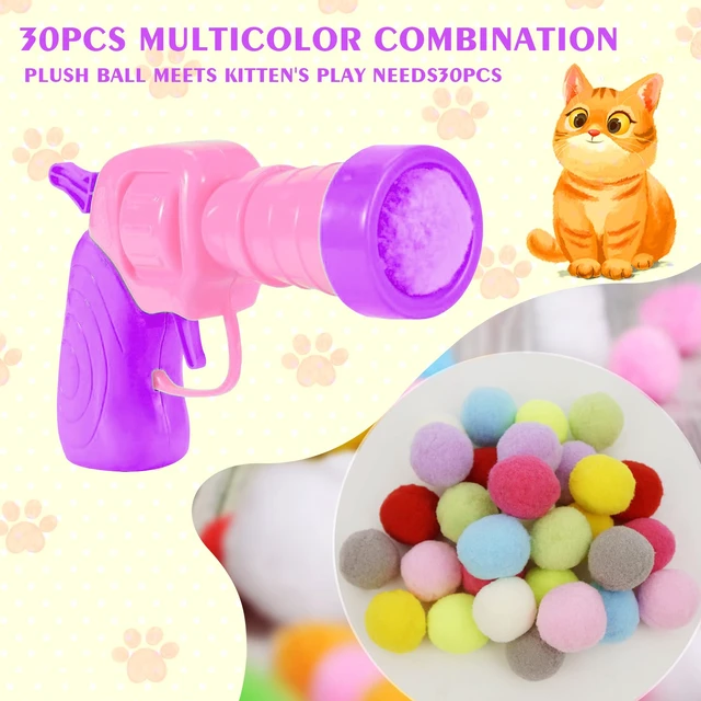 Alt view image 2 of 6 - Interactive Cat Toys for Indoor Cats Pink Cat Pom Pom Balls Plush Ball Launcher Cat Fetch Toy Enrichment Toys 30 Balls