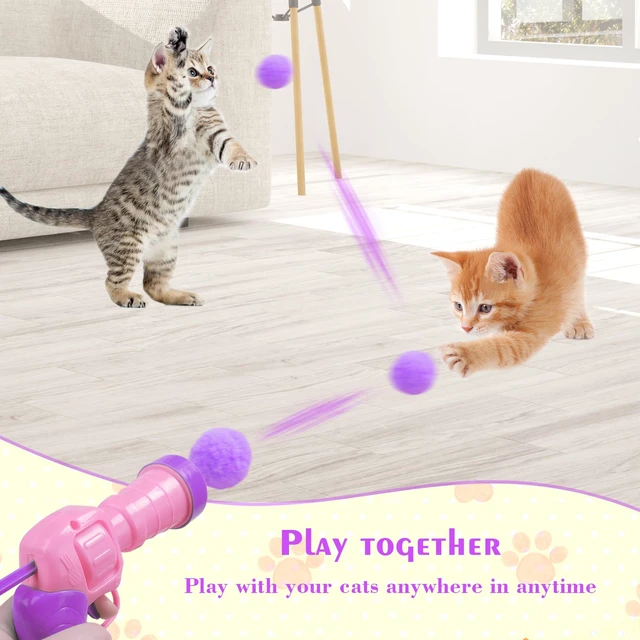 Alt view image 5 of 6 - Interactive Cat Toys for Indoor Cats Pink Cat Pom Pom Balls Plush Ball Launcher Cat Fetch Toy Enrichment Toys 30 Balls