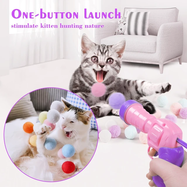 Alt view image 6 of 6 - Interactive Cat Toys for Indoor Cats Pink Cat Pom Pom Balls Plush Ball Launcher Cat Fetch Toy Enrichment Toys 30 Balls