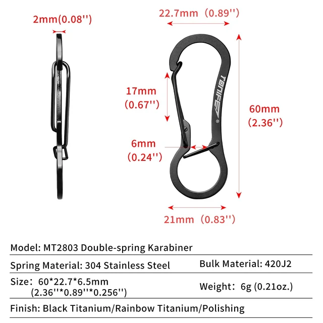 Alt view image 2 of 6 - Carabiner Clip 2-Pack, Stainless Steel Carabiner Keychain, Spring Snap Hook for Dog Leash and Key Ring (MT2803 Rainbow Titanium*2)
