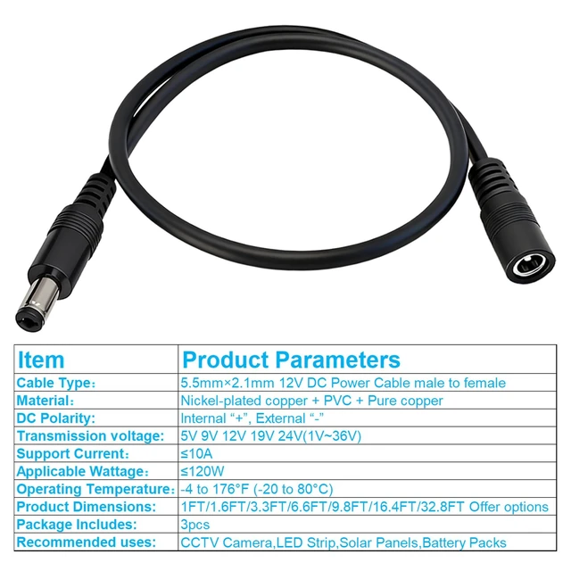 Alt view image 5 of 5 - 5.5mm x 2.1mm DC Power Extension Cable, 3-Pack, 1.6FT | 12V DC5521 Male to Female Barrel Connector, 18AWG Low Loss Power Cord, For CCTV Security Camera, LED Strip