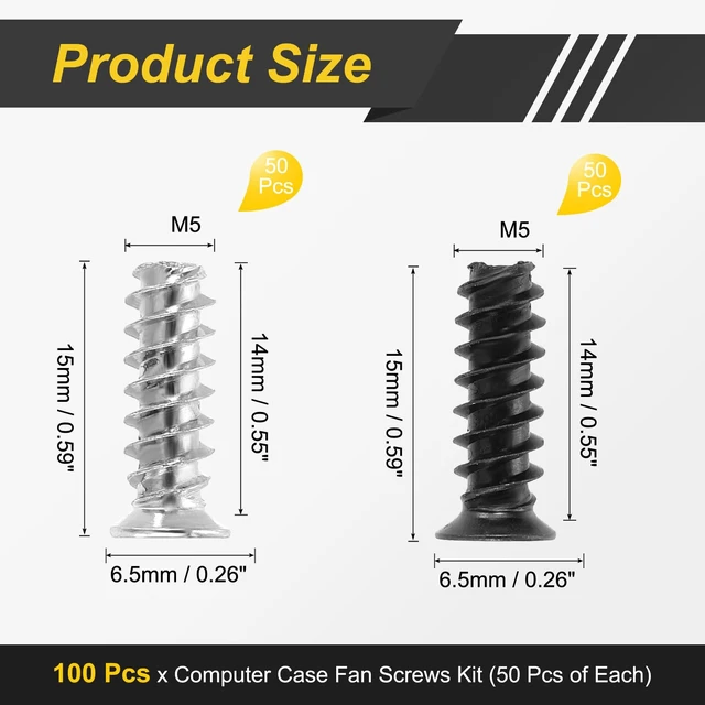 Alt view image 2 of 6 - 100Pcs Computer Case Fan Screws Kit, M5 x 15mm Short PC Cooling Fan Mount Screws for DIY Repair Motherboard Radiators PC Case, (Silver,Black, 50 Pcs of Each)
