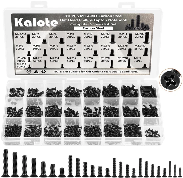 Main image of 810Pcs Black Laptop Screws Kit M1.4-M3 Carbon Steel Replacemen | High-Hardness Carbon Steel to Prevent Stripping,M1.4 M1.7 M2 M2.5 M3, Flat Head Phillips, For Lenovo Toshiba HP IBM Dell Sony