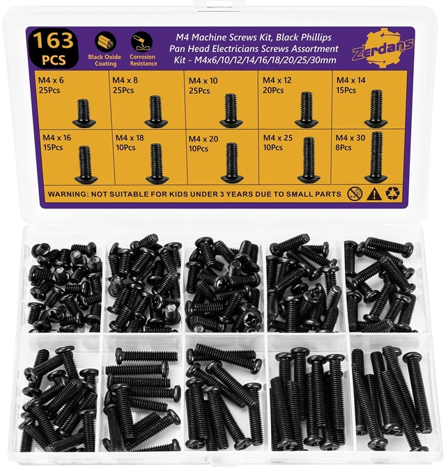 Main image of 163Pcs M4 Pan Head Machine Screws Kit, 6-30mm Black Carbon Steel | Phillips M4x6/8/10/12/14/16/18/20/25/30mm, High Tensile Strength, For PC Case, Electronics & Home DIY, Storage Case Included