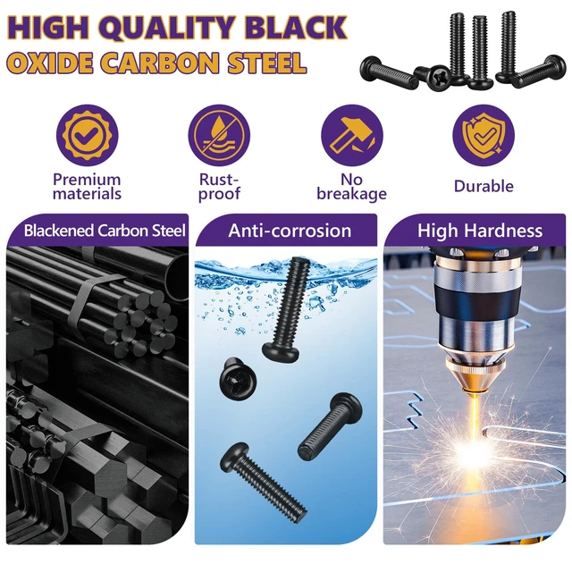 Alt view image 3 of 7 - 163Pcs M4 Pan Head Machine Screws Kit, 6-30mm Black Carbon Steel | Phillips M4x6/8/10/12/14/16/18/20/25/30mm, High Tensile Strength, For PC Case, Electronics & Home DIY, Storage Case Included