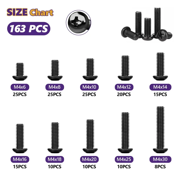 Alt view image 5 of 7 - 163Pcs M4 Pan Head Machine Screws Kit, 6-30mm Black Carbon Steel | Phillips M4x6/8/10/12/14/16/18/20/25/30mm, High Tensile Strength, For PC Case, Electronics & Home DIY, Storage Case Included