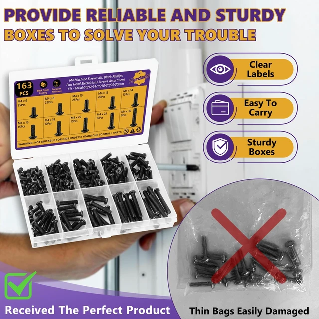 Alt view image 6 of 7 - 163Pcs M4 Pan Head Machine Screws Kit, 6-30mm Black Carbon Steel | Phillips M4x6/8/10/12/14/16/18/20/25/30mm, High Tensile Strength, For PC Case, Electronics & Home DIY, Storage Case Included