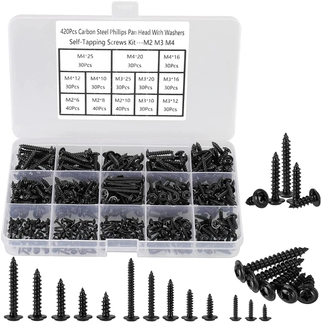 Main image of 420pcs Black Phillips Truss Head Self-Tapping Wood Screws, 13 Sizes M2 M3 M4 Wafer Head, Pan Head with Washer Tapper Screws Assortment Kit for Wood, Plastic and Soft Metal, Carbon Steel, Sharp Point