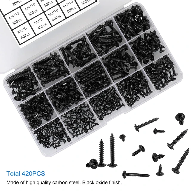 Alt view image 2 of 7 - 420pcs Black Phillips Truss Head Self-Tapping Wood Screws, 13 Sizes M2 M3 M4 Wafer Head, Pan Head with Washer Tapper Screws Assortment Kit for Wood, Plastic and Soft Metal, Carbon Steel, Sharp Point