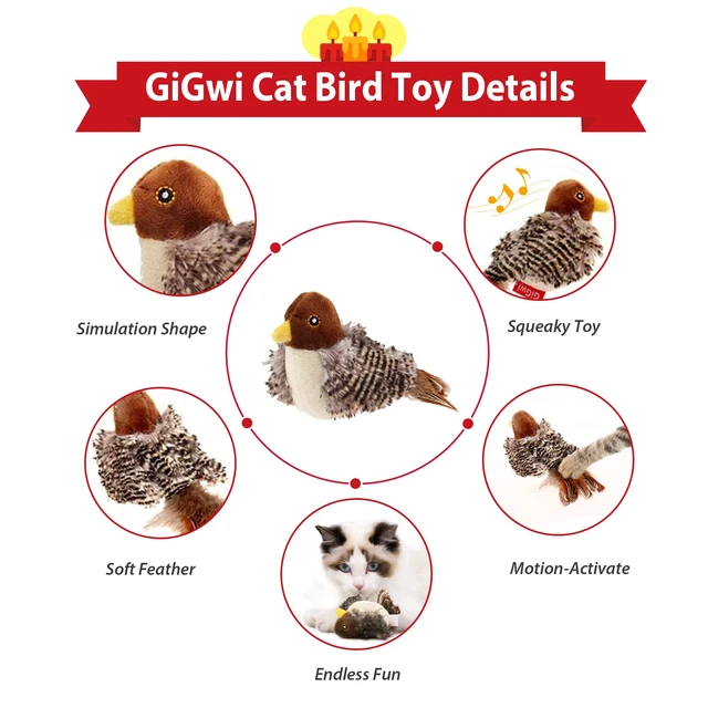 Alt view image 2 of 7 - Chirping Bird Cat Toy for Indoor Cats, Interactive Hangable Bird Cat Toy with Real Bird Sound and Feather, Automatic Bird Toy for Cats Exercise & Kicker to Self PlayNo Flapping