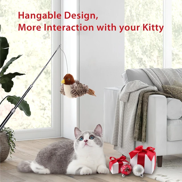 Alt view image 4 of 7 - Chirping Bird Cat Toy for Indoor Cats, Interactive Hangable Bird Cat Toy with Real Bird Sound and Feather, Automatic Bird Toy for Cats Exercise & Kicker to Self PlayNo Flapping