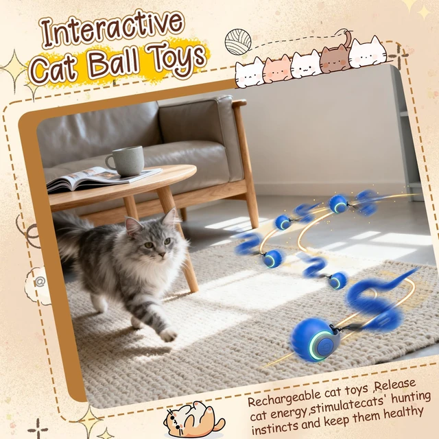 Alt view image 4 of 7 - 1 PCS Interactive Cat Toy Ball,Newly Speedy Tail and Moving Cat Tail Toy, Indoor Interactive Kitten Teaser Toys for Boredom, Automatic Cat Exercise Toy for Cats with 4 Tails-Blue