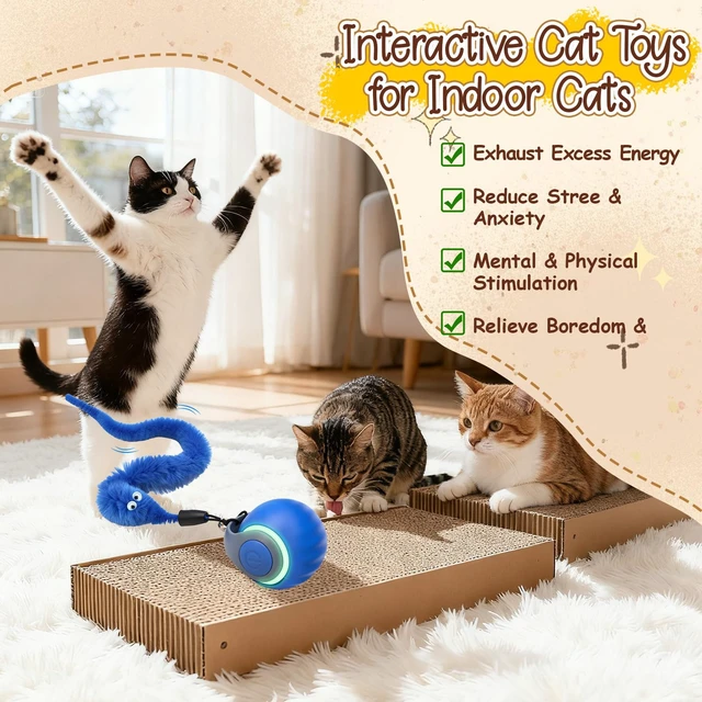 Alt view image 6 of 7 - 1 PCS Interactive Cat Toy Ball,Newly Speedy Tail and Moving Cat Tail Toy, Indoor Interactive Kitten Teaser Toys for Boredom, Automatic Cat Exercise Toy for Cats with 4 Tails-Blue