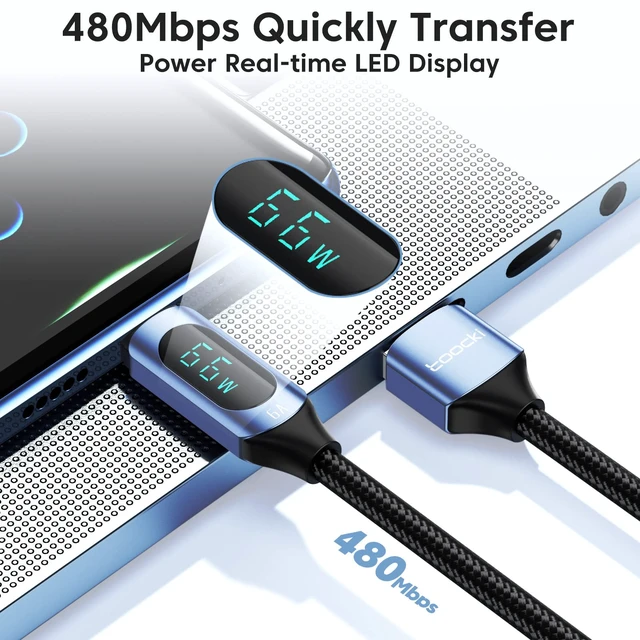 Alt view image 3 of 7 - USB C to USB C Cable 100W with LED Wattage Display, 6.6FT, Blue | 5A Fast Charging Cord, E-Marker, 480Mbps Data, for MacBook Pro/Air, iPhone 18 Pro/17/16, iPad Pro, Galaxy S25